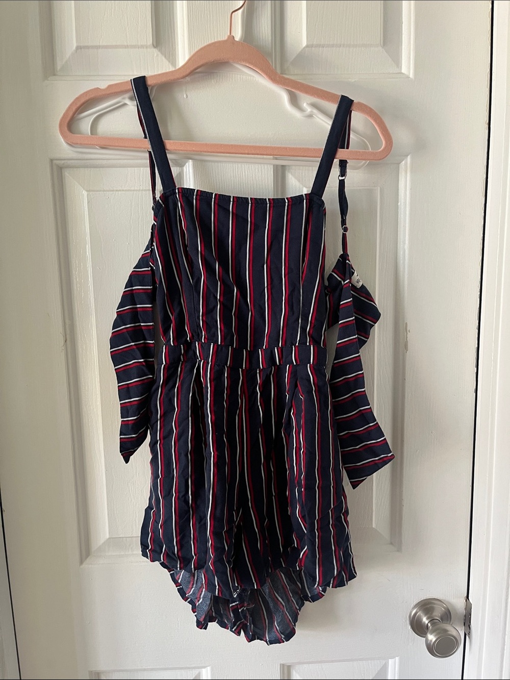Hollister Navy Striped Romper with Red & White Accents